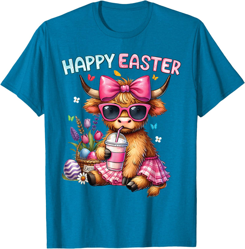 Farm Animal Highland Cow easter Gifts Happy Easter Day Highland Cow Cute Holiday Bunny Women Kids T-Shirt - Sapphire Blue