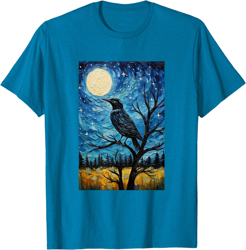 Bird Designs. Magpie Crow Raven Bird Van Gogh Style Starry Night Graphic T-Shirt - Sapphire Blue
