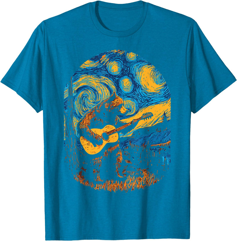 Bear playing Guitar Night-Sky Moon Guitar Grizzly Bear Blues Guitarist Starry Night Musician Music T-Shirt - Sapphire Blue