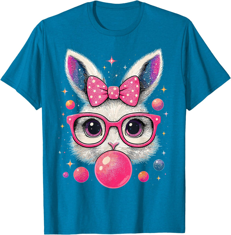 Easter Day Bunny Tie Dye Rabbit Face Glasses Girl Easter T-Shirt in Sapphire Blue