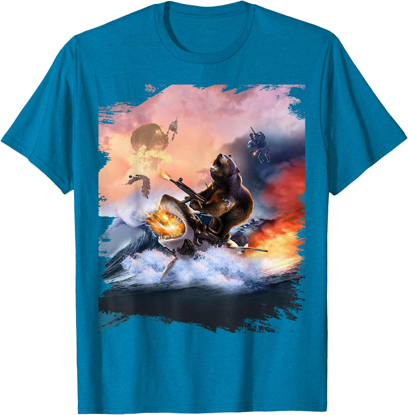 Random Galaxy Bear Riding Shark Funny T-Shirt - Sapphire Blue