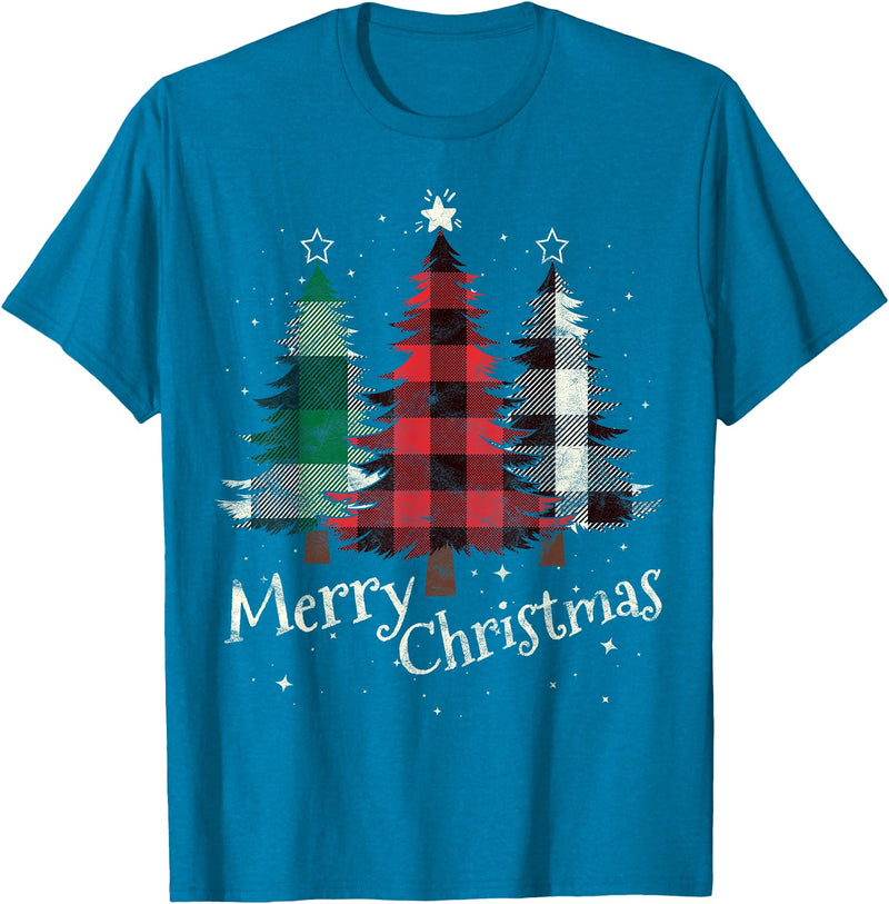 Merry Christmas Apparel Matching Family Clothes Merry Christmas Three Xmas Trees Buffalo Plaid Woman Gift T-Shirt - Sapphire