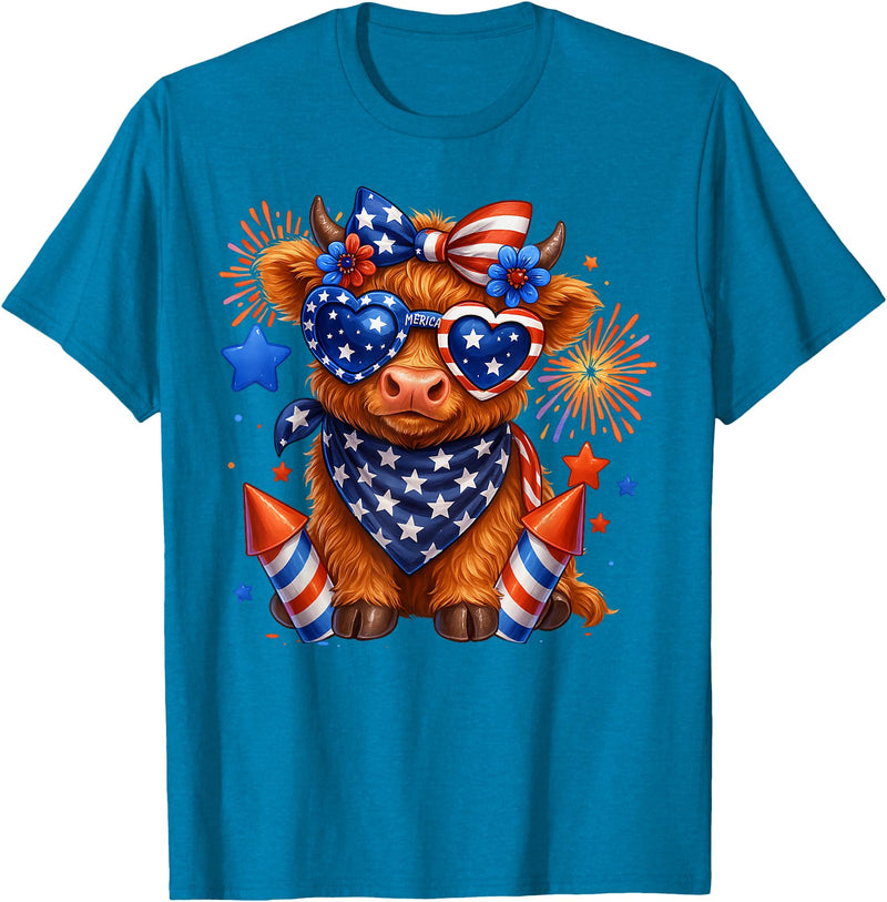 Cute Highland Cow 4th of July USA Flag Patriotic Cow Farmer T-Shirt - Sapphire Blue
