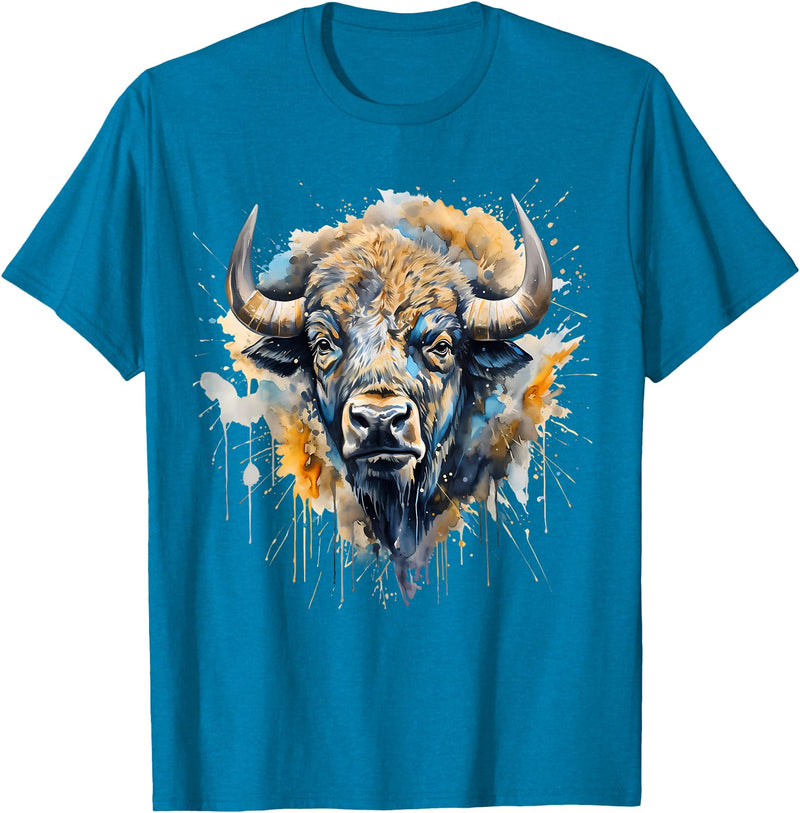Safari Animal Art Buffalo Portrait Colorful Splash Artwork Wildlife Bison T-Shirt - Sapphire Blue
