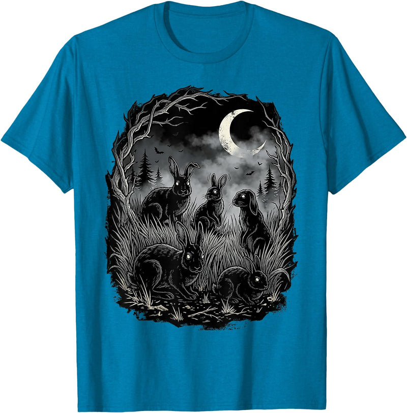 Midnight Woodland Rabbit Art Apparel Graphic Tees Creepy Black Rabbits Moonlit Forest Gothic Horror Halloween T-Shirt -