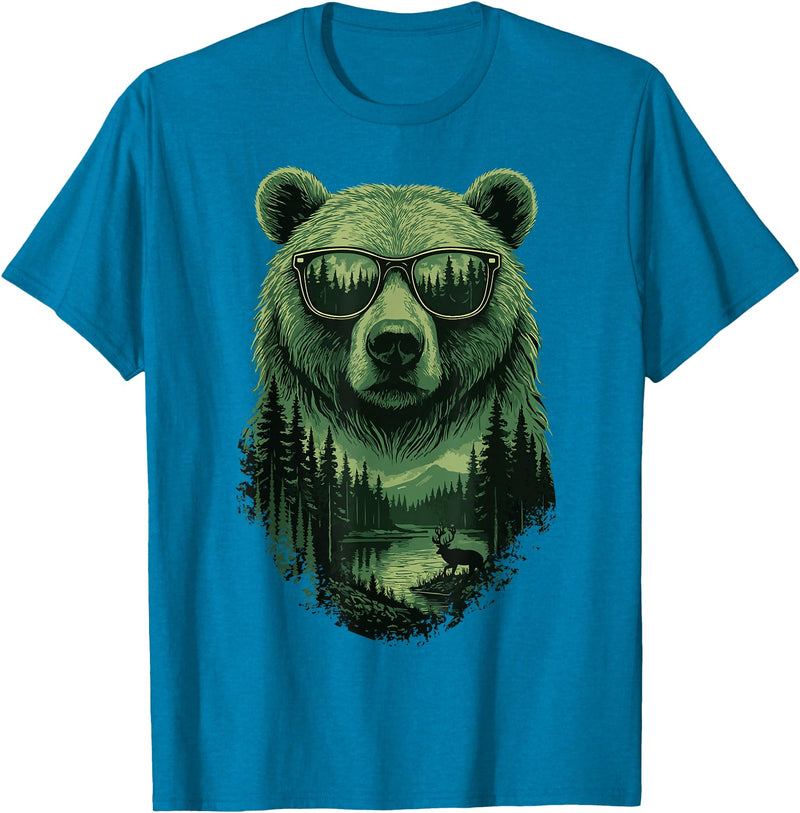 Bear Wildlife Deer Campfire Nature Apparel Bear Sunglasses Wildlife Deer Campfire Nature Vintage Forest T-Shirt - Sapphire Blue