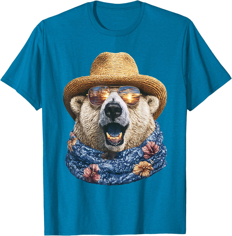 Whimsical Coastal Animals Beachgoers Cute Polar Bear with Sunglasses and Straw Hat Animal Summer T-Shirt - Sapphire Blue