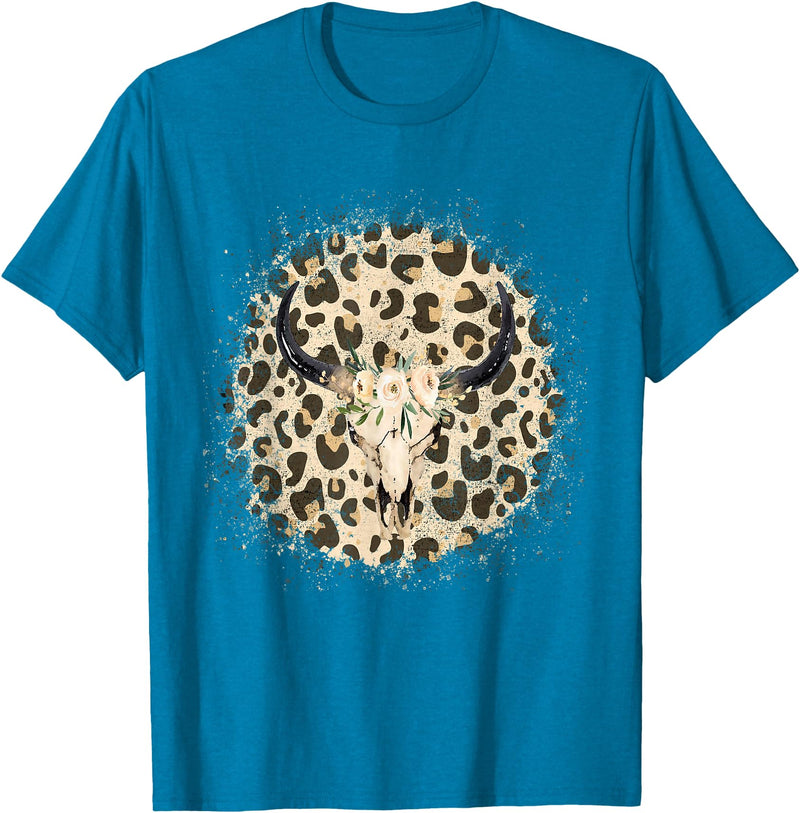 Funny Leopard Cow Skull designs Funny Leopard Cow Skull print Flower Rustic Turquoise T-Shirt - Sapphire Blue
