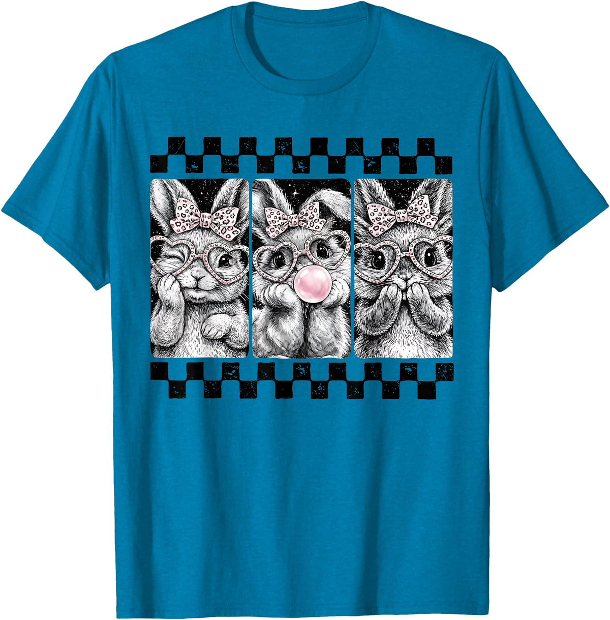 Leopard Bow Bunny Blowing Bubble Checkered Easter Day Girls T-Shirt in Sapphire Blue