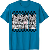 Leopard Bow Bunny Blowing Bubble Checkered Easter Day Girls T-Shirt in Sapphire Blue