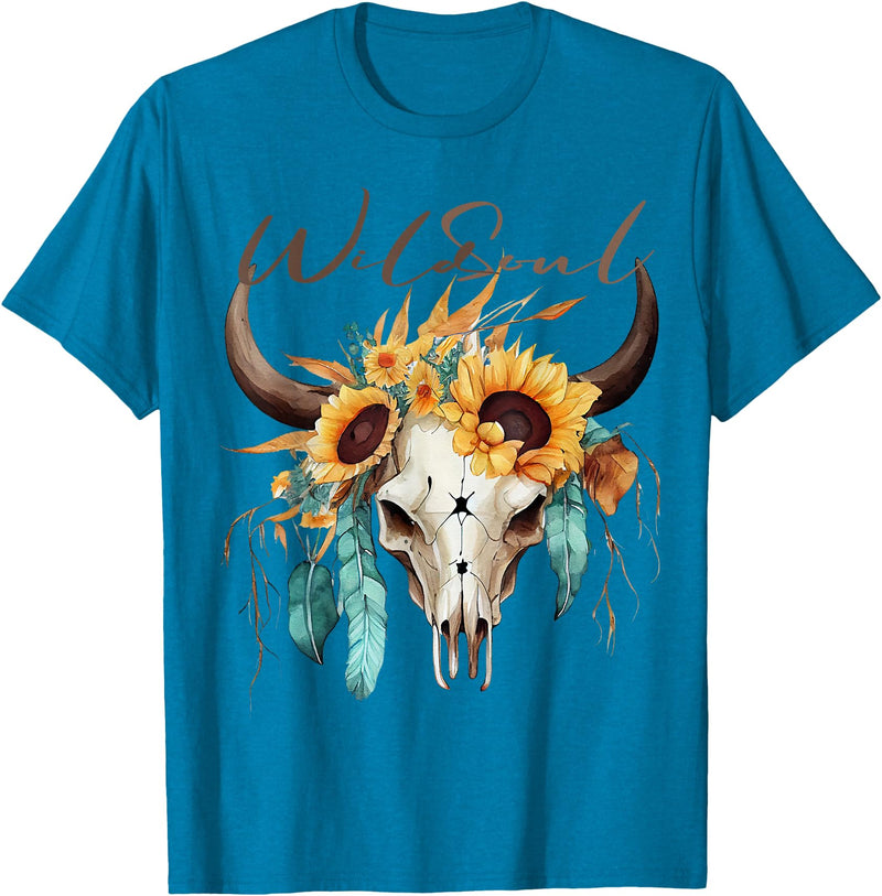 Wild Soul Boho Cow Skull Sunflowers Mothers Day Wild Soul Boho Cow Skull Sunflower Vintage Western T-Shirt - Sapphire Blue