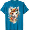 Llama Bloom Studio Cute Llama Floral Crown Watercolor Animal Art T-Shirt - Sapphire Blue