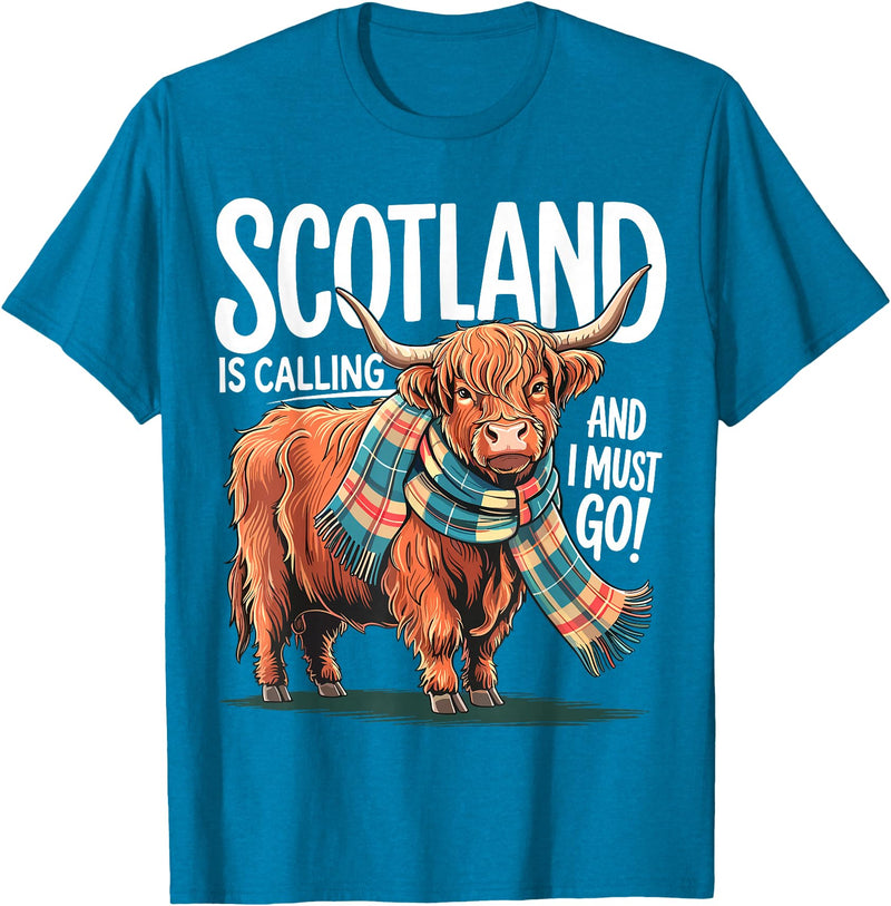 Funny Scottish Highland Cow Scotland is Calling and I Must go Scottish Highland Cow T-Shirt - Sapphire Blue
