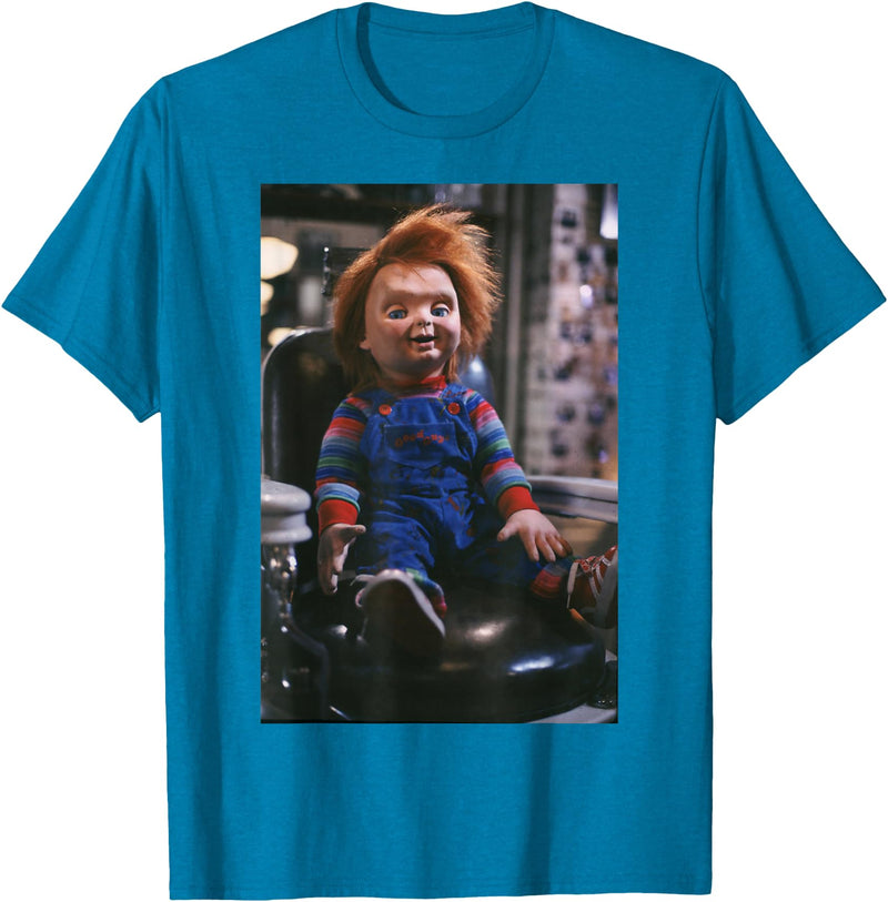 Chucky Sitting in Barber Chair T-Shirt T-Shirt - Sapphire Blue