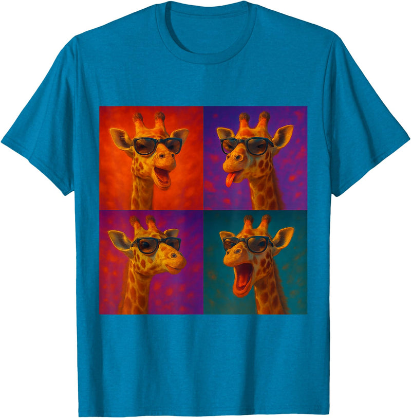 Colorful 4 Photos Animals Giraffe Sunglasses Funny Faces Collage Pop Art T-Shirt - Sapphire Blue