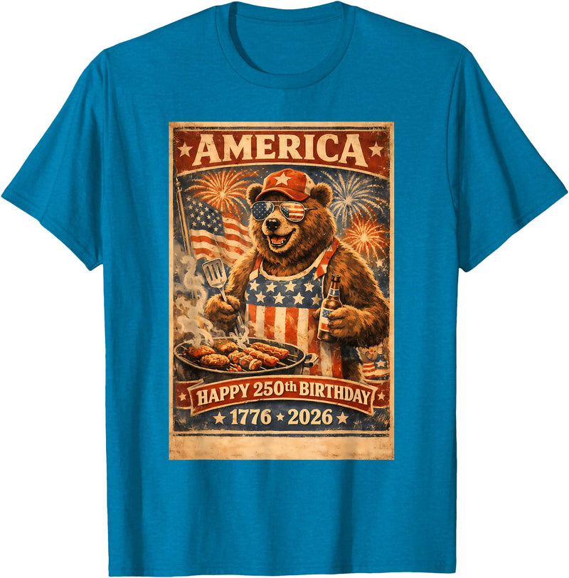 USA Birthday 250th American Spirit Tees All Ages Celebrate 250 Years with Fun Bear BBQ Graphic T-Shirt - Sapphire Blue