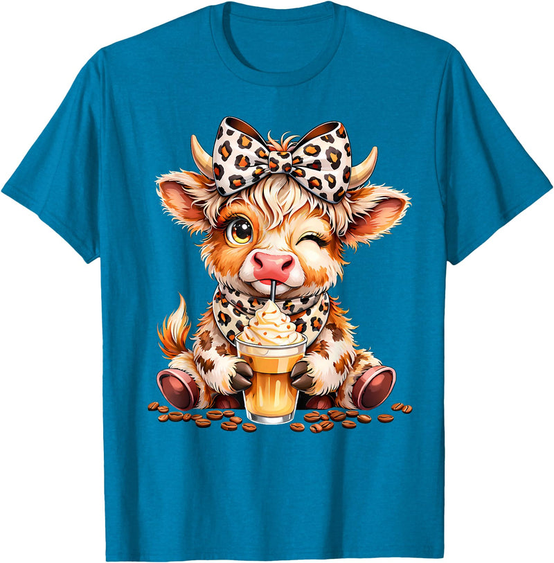 Cute Highland Cow Coffee Addict Leopard Bow Highland Cow Coffee Addict Funny Drink Coffee T-Shirt - Sapphire Blue