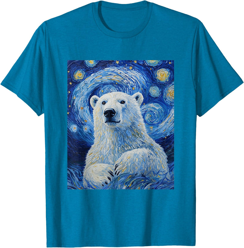 Bear Designs. Cute Polar Bear Van Gogh Style Starry Night Graphic T-Shirt - Sapphire Blue