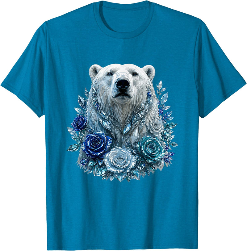 Arctic Polar Bear Crystal Rose Winter Spirit Majestic Polar Bear with Blue Ice Crystal Roses T-Shirt - Sapphire Blue