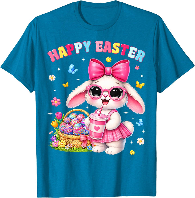 Happy Easter Coquette Easter Egg Rabbit Bunny Women Girl Kid T-Shirt in Sapphire Blue