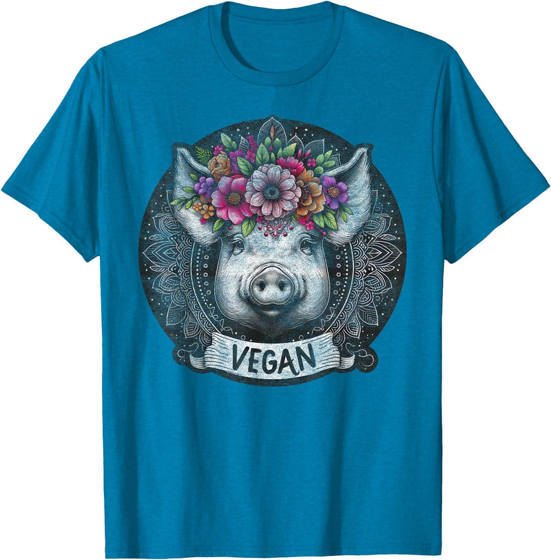 Pig with Flowers Vegan Retro Products Pig with Flowers Vegan Retro – Boho Hippie Cute T-Shirt - Sapphire Blue