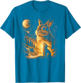 Vintage Howling Bunny to the Moon Retro 90s Funny Rabbit T-Shirt in Sapphire Blue
