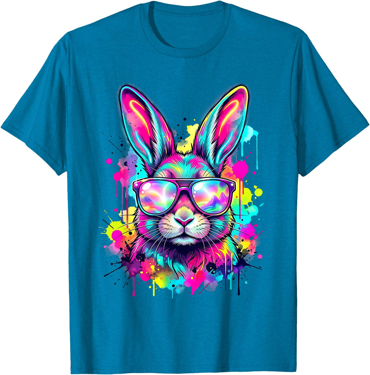 Happy Easter Bunny Face Tie Dye Bunny Rabbit with Glasses T-Shirt in Sapphire Blue