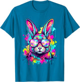 Happy Easter Bunny Face Tie Dye Bunny Rabbit with Glasses T-Shirt in Sapphire Blue