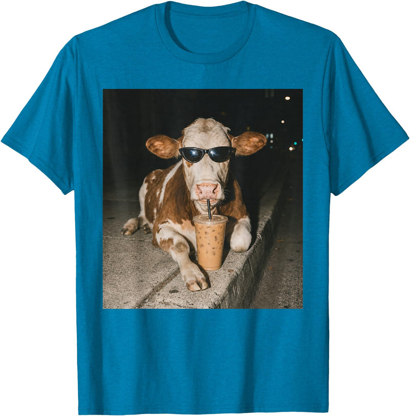 Funny Cow Drinking Iced Coffee Meme Cow Drinking Iced Coffee Funny Animal Meme Tee T-Shirt - Sapphire Blue