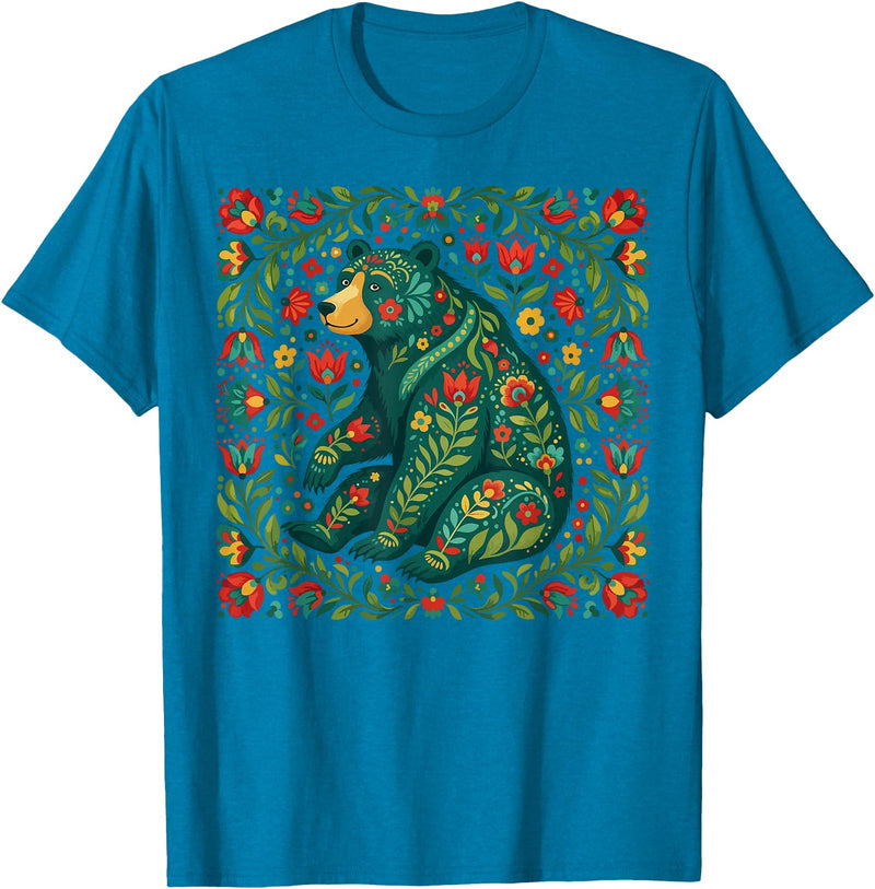 Nordic Scandinavian Folk Art Flower Designs Scandinavian Folk Art Bear Floral Pattern Nordic Animal T-Shirt - Sapphire Blue