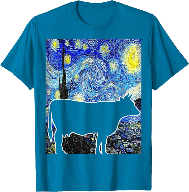 Funny Cow Van Gogh Famous Painting Cow Starry Night Van Gogh Funny Cow Farmer T-Shirt - Sapphire Blue