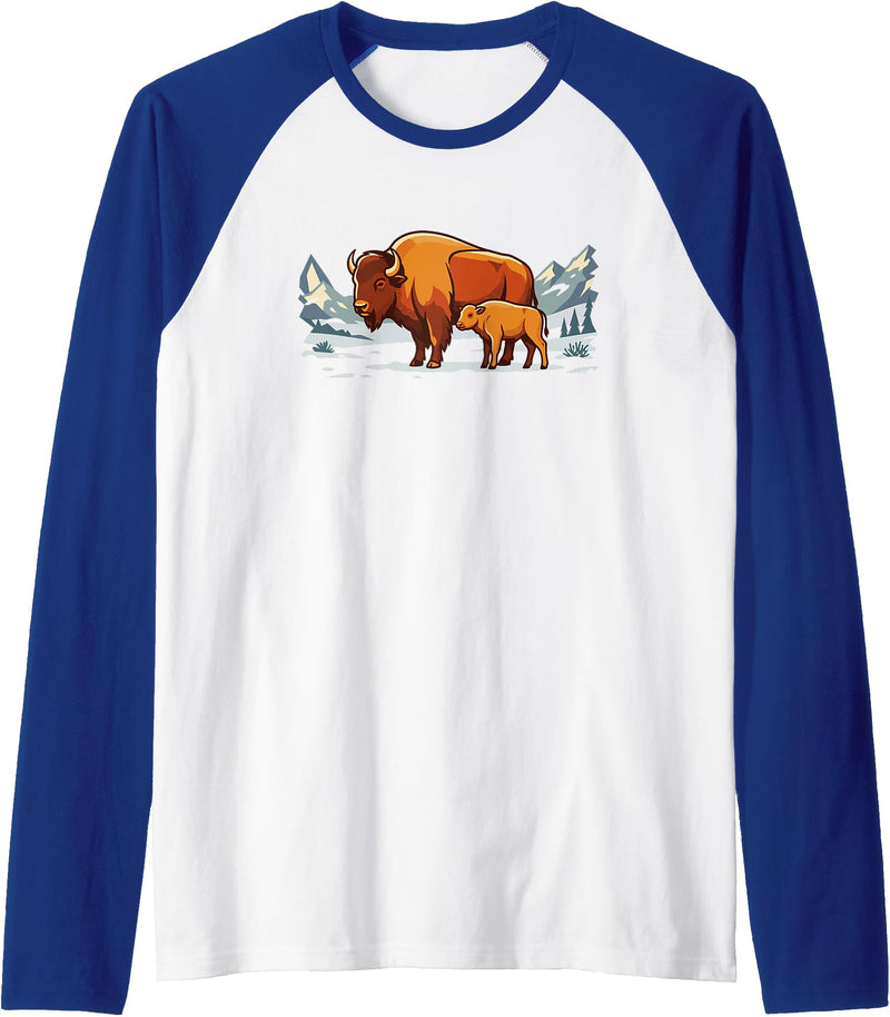 Park Apparel Everywhere Buffalo Bison Calf Sunset Landscape Design Gifts Raglan Baseball Tee - Royal Blue/White