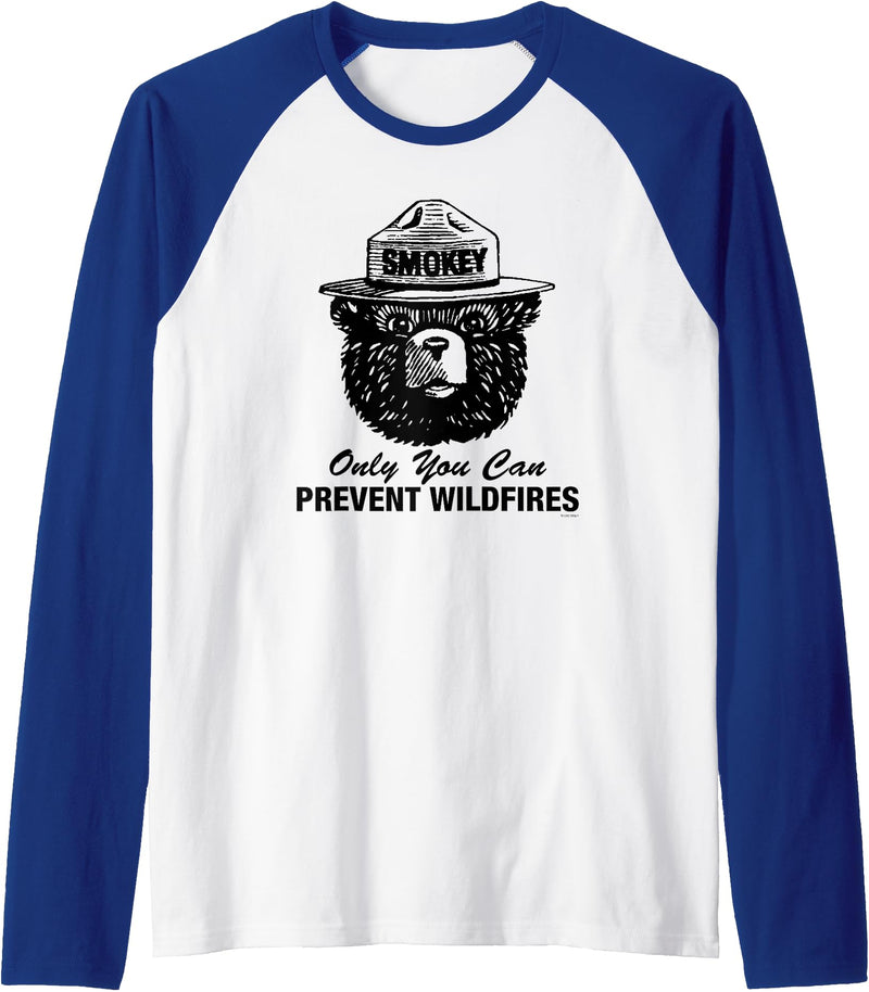 Smokey Bear Only You Can Prevent Wildfires Fire Prevention Raglan Baseball Tee - Royal Blue/White