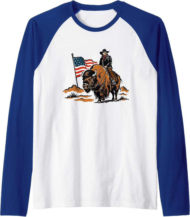American Cowboy Bison Rodeo Patriotic 4th Of July Retro Western Cowboy Riding Buffalo 4th of July Rodeo Summer Raglan
