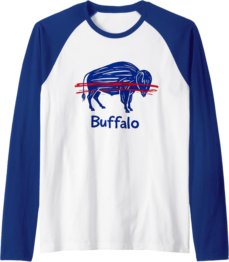 Buffalo Game-Day Designs Funny Drawing Buffalo Women Girls Kids Raglan Baseball Tee - Royal Blue/White