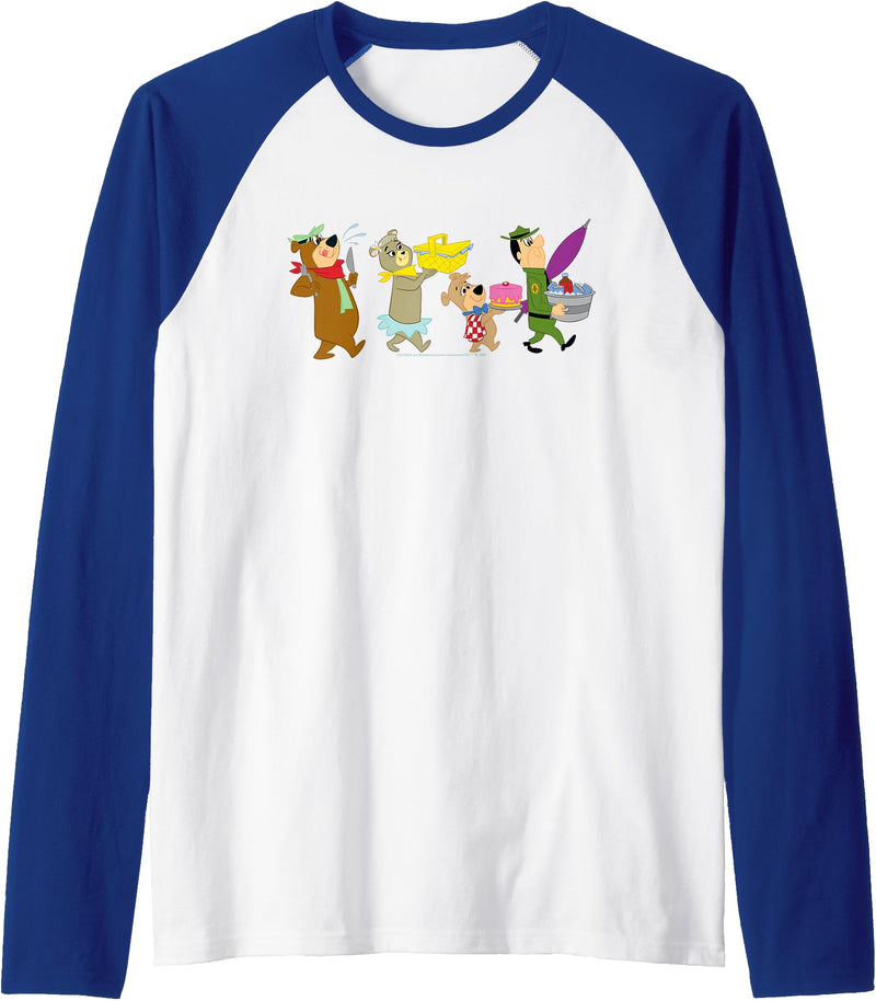 Yogi Bear Marching to the Picnic Raglan Baseball Tee - Royal Blue/White