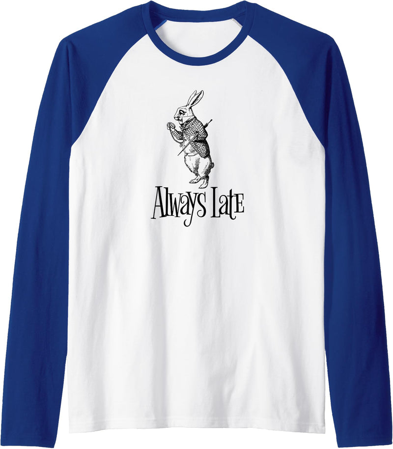 Always Late - White Rabbit Alice Wonderland Raglan Baseball Tee in Royal Blue/White