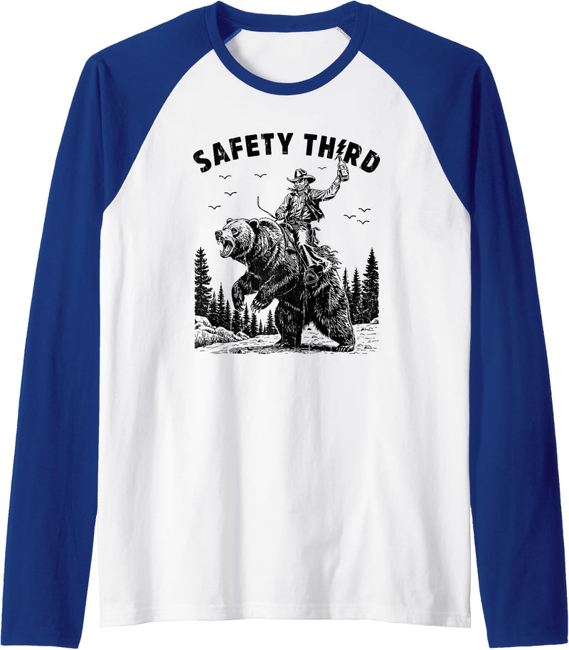 Cowboy Western Bear Tee Safety Third, Funny Guys, Grizzly Bear, Cowboy Western Raglan Baseball Tee - Royal Blue/White