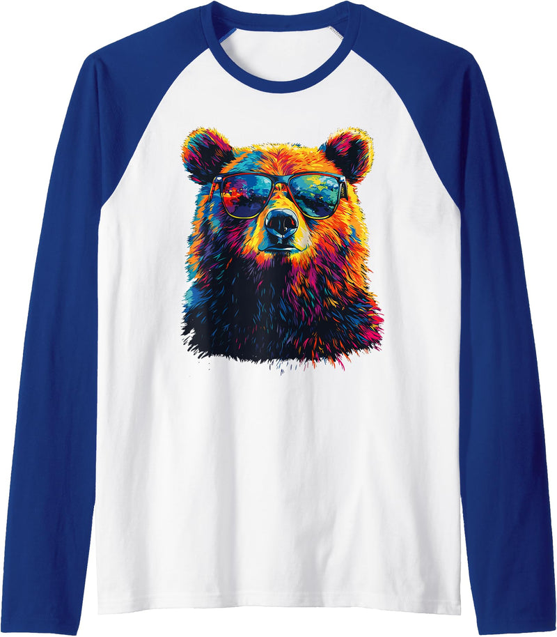 Colorful Forest Illustration Bear Art Nature Bear Wearing Sunglasses Wildlife Graphic Colorful Bear Raglan Baseball Tee - Royal Blue/White