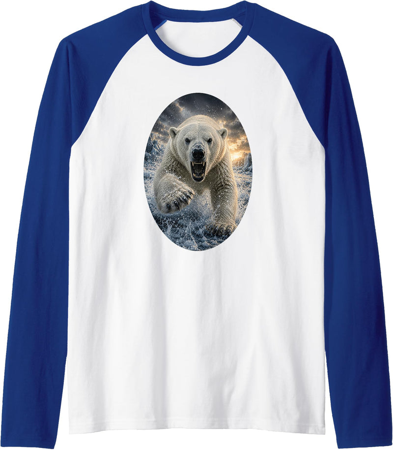 Untamed Horizon Collection Polar Bear Wildlife Art Majestic Arctic Nature Graphic Raglan Baseball Tee - Royal Blue/White