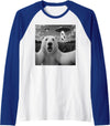 Retro Polar Bear Selfie with UFOs Meme Polar Bear Selfie with UFO Alien Funny Raglan Baseball Tee - Royal Blue/White