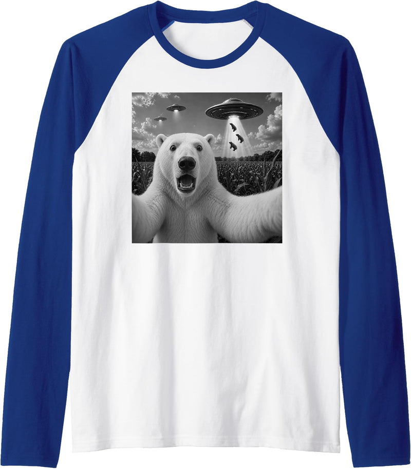Retro Polar Bear Selfie with UFOs Meme Polar Bear Selfie with UFO Alien Funny Raglan Baseball Tee - Royal Blue/White