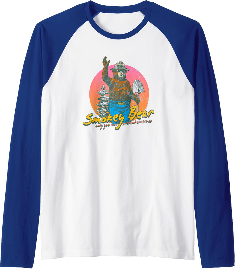 Smokey Bear Retro Smokey Bear Colorful Sunset PSA Raglan Baseball Tee - Royal Blue/White