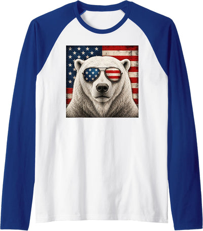 Polar Bear 4th of July US American Flag Patriotic Raglan Baseball Tee