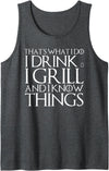 Funny BBQ Garden Meat Grilling Bear Drinking Shirt THAT'S WHAT I DO I DRINK & I GRILL AND I KNOW THINGS Design Tank Top - Dark Heather Grey