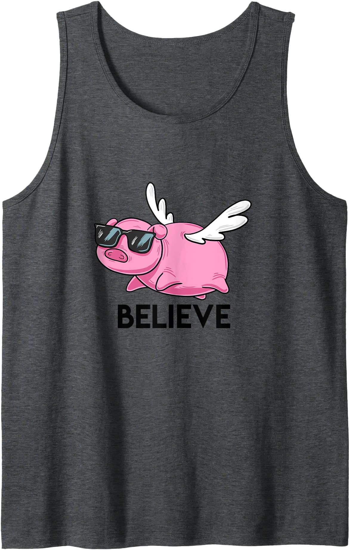 BoredKoalas Puns Believe Flying Pig with Sunglasses Funny Animal Puns Gift Tank Top - Dark Heather Grey