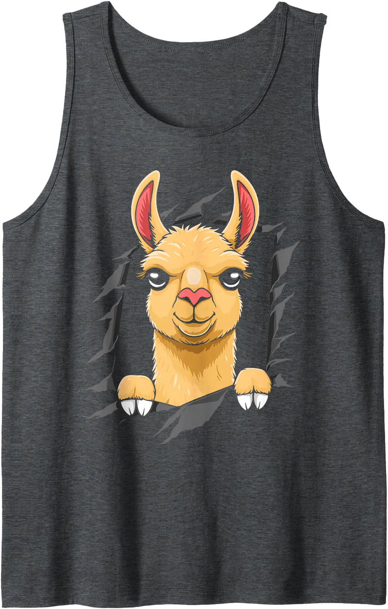 Llama looks from torn fabric Cute llama torn fabric funny llama lovers kids women men Tank Top - Dark Heather Grey
