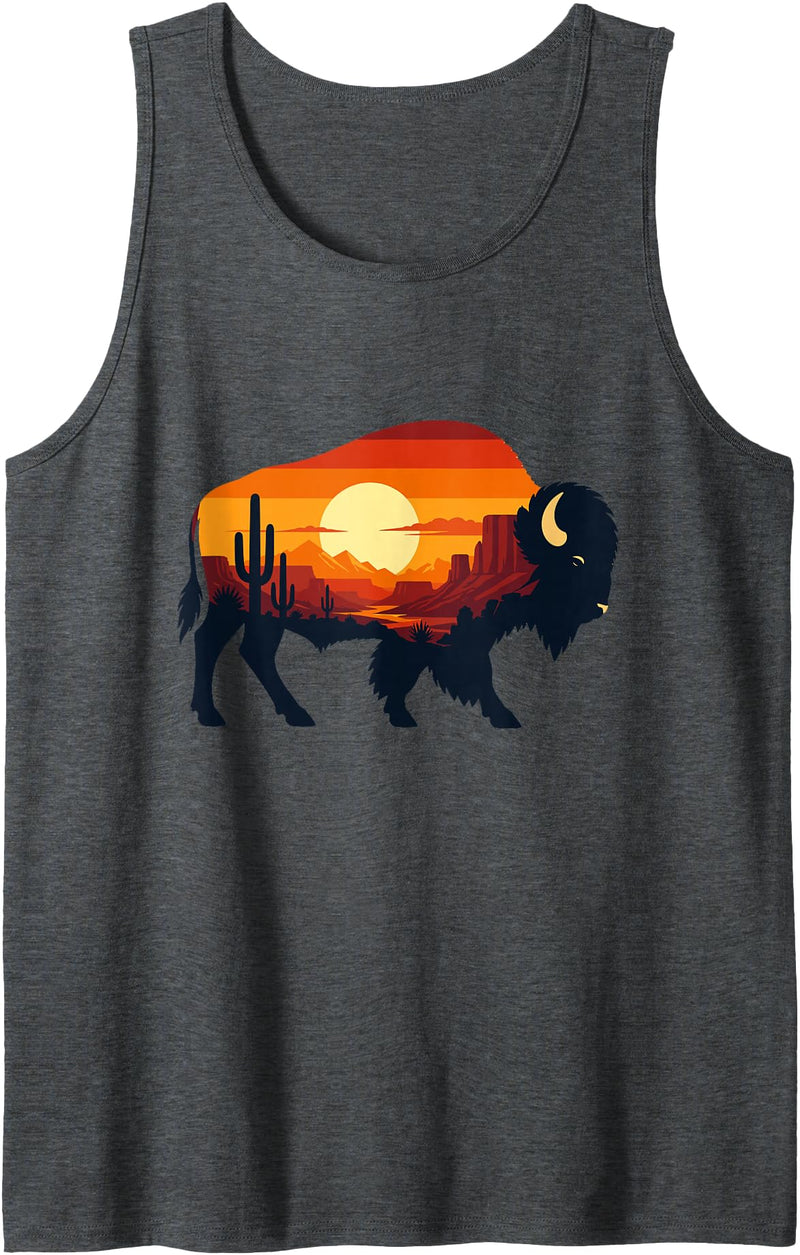 Wild Bison Sunset Desert Landscape Nature Desert Buffalo Silhouette Cactus Sunset Scene Tank Top - Dark Heather Grey
