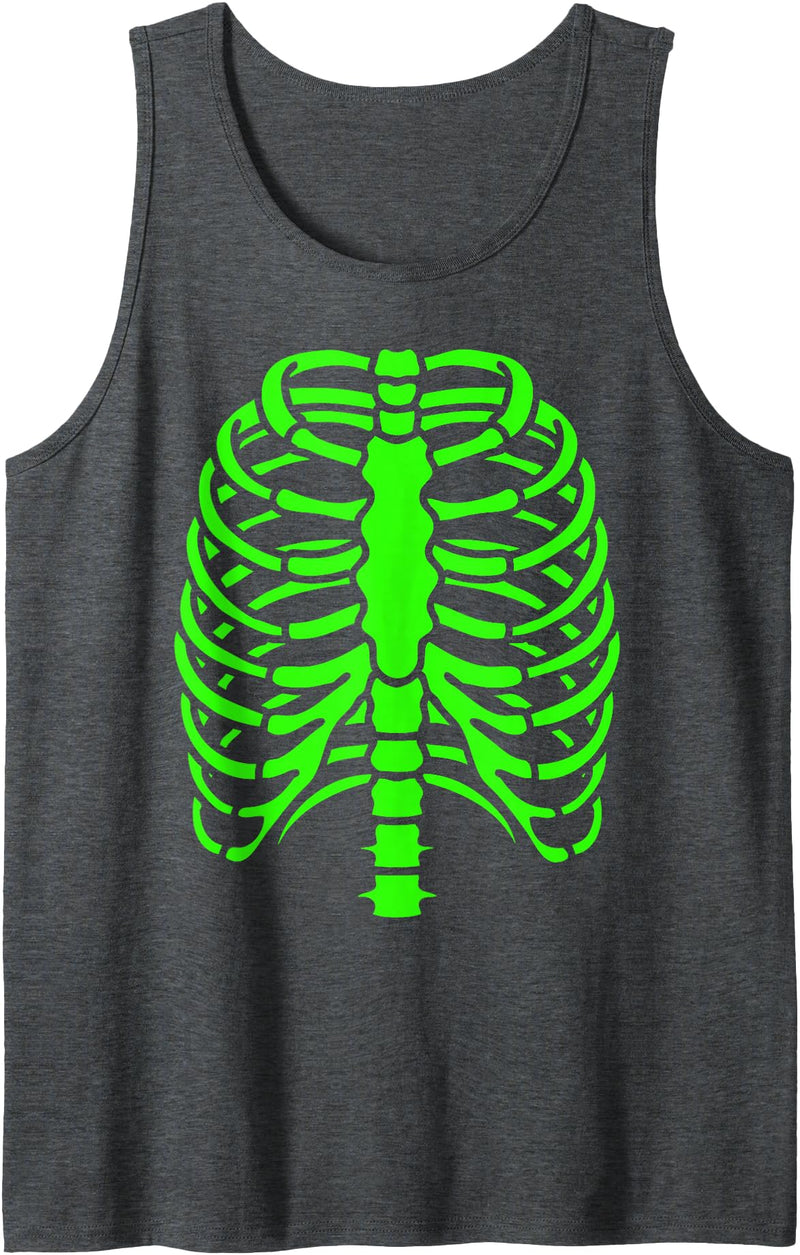 DesignDorks Fun Cool Green Skeleton Rib Cage Halloween Tank Top - Dark Heather Grey