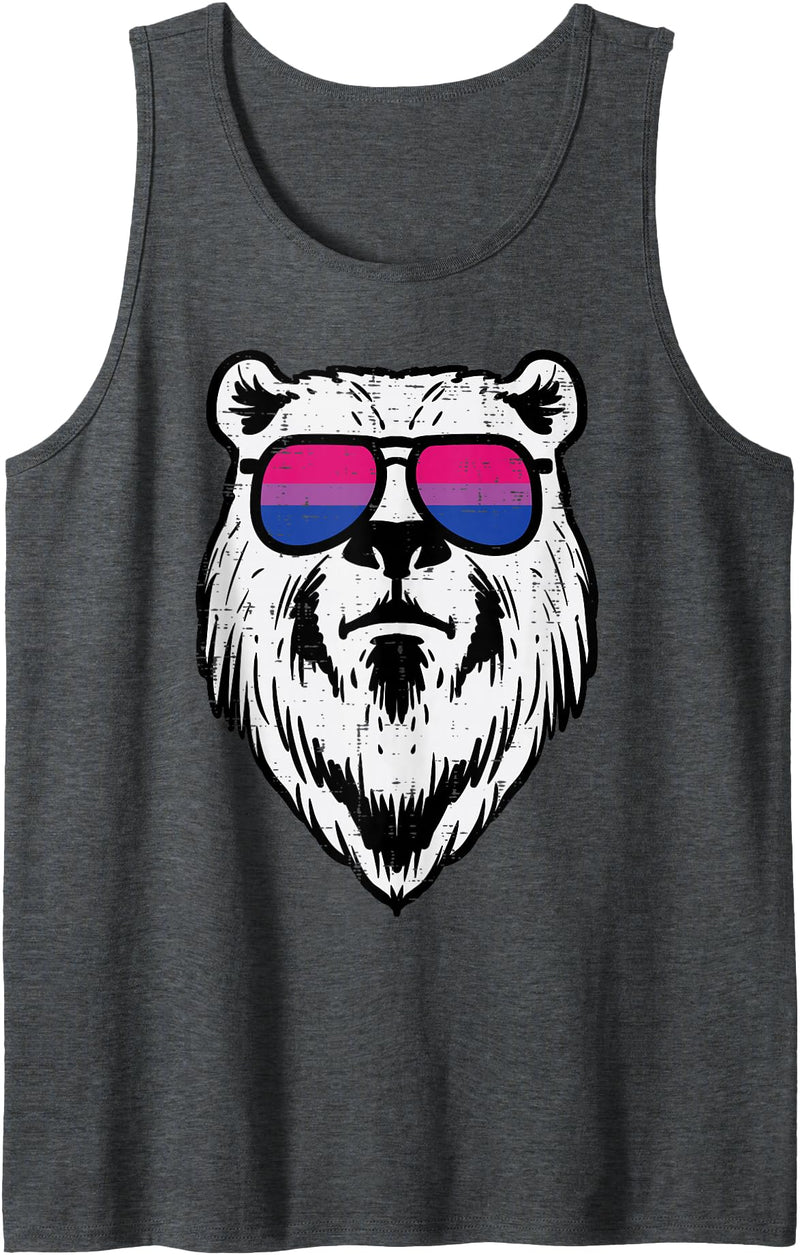 Bisexual Bi Pride Stuff Men Women Gifts Bear Face Bisexual Sunglasses Bi Pride Flag LGBTQ Men Women Tank Top - Dark Heather Grey